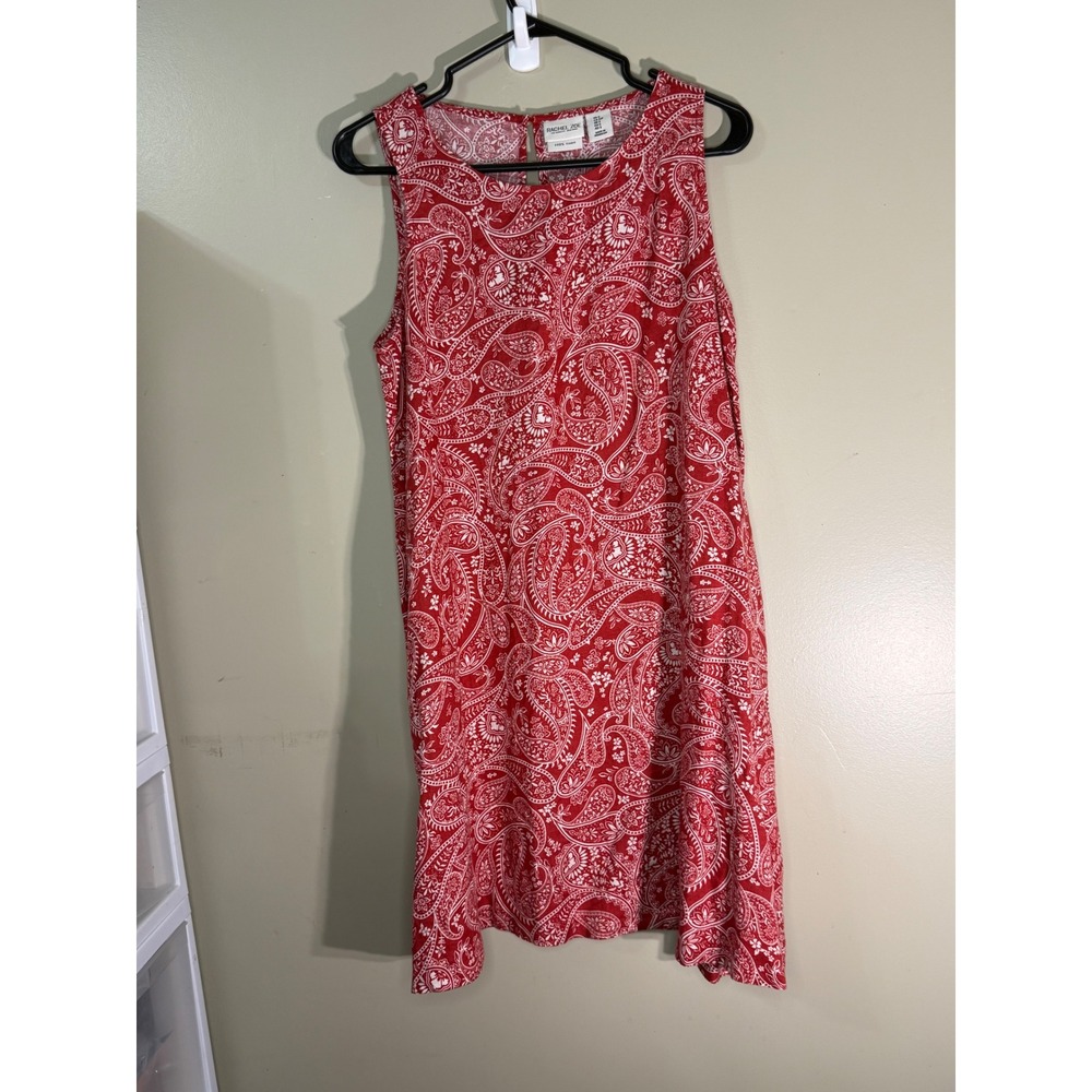 Rachel Zoe Red Paisley 100% Linen Sleeveless Shift Dress Womens Small